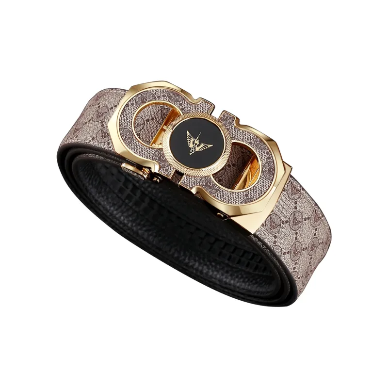 WilliamPOLO PVC/Cow Leather Leather Belts Men's Gold Buckle Gold Logo Khaki Belt Width  3.5cm-1