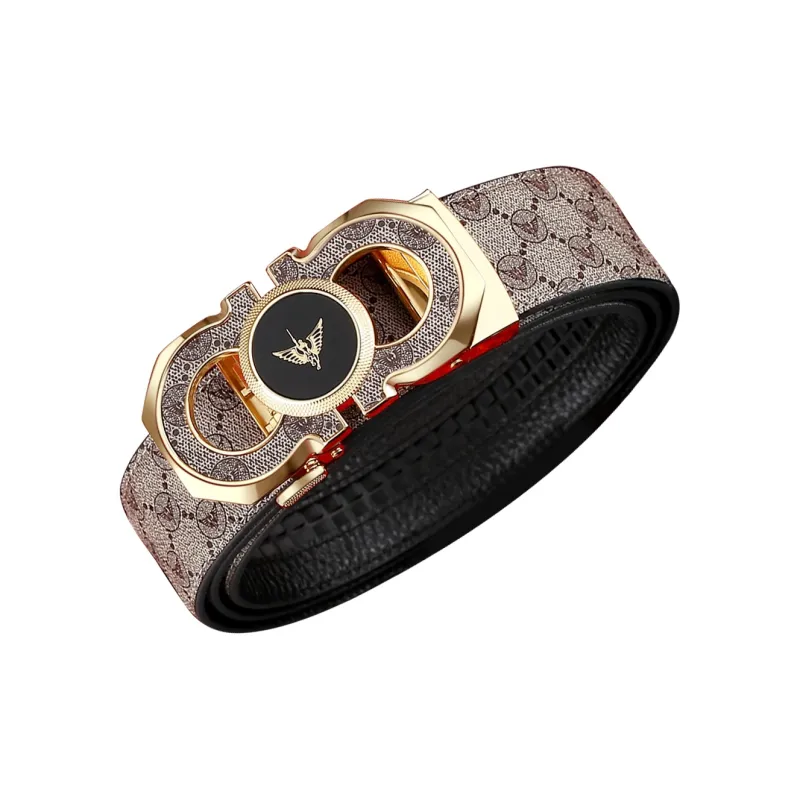 WilliamPOLO PVC/Cow Leather Leather Belts Men's Gold Buckle Gold Logo Khaki Belt Width  3.5cm-2