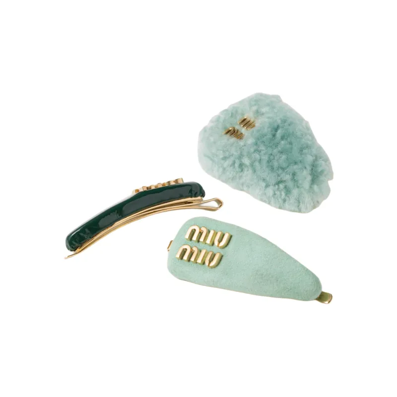 MIU MIU Leather Hair Clips Unisex Fir Green-1