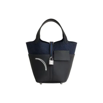 HERMES Picotin Swift Calfskin With Felt Overlay Basket Bag Handbag Bucket Bag Women's Black & Blue