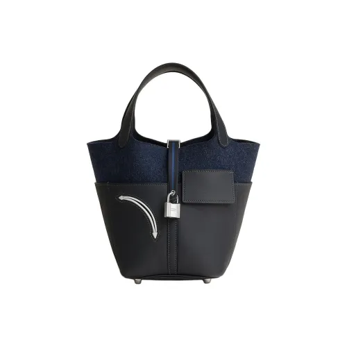 HERMES Picotin Swift Calfskin With Felt Overlay Basket Bag Handbag Bucket Bag Women's Black & Blue