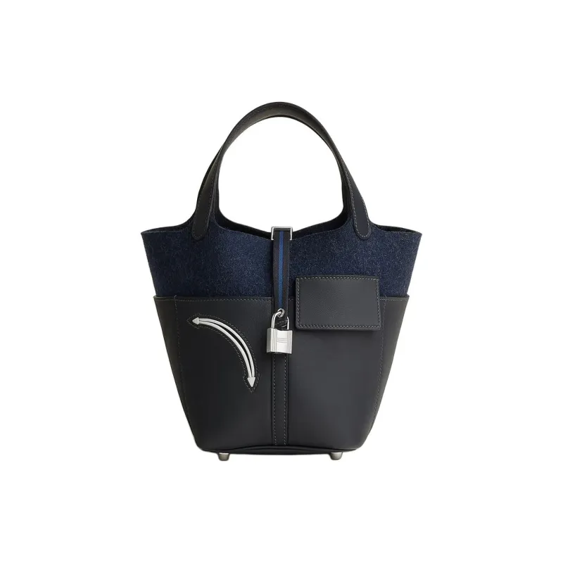 HERMES Picotin Swift Calfskin With Felt Overlay Basket Bag Handbag Bucket Bag Women's Black & Blue-0