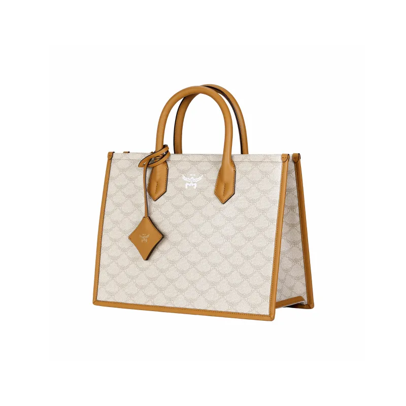 MCM Canvas With Nappa Leather Tote Bag Shopping Bag Shoulder Bag Crossbody Bag Handbag Medium Size Women's Beige-1