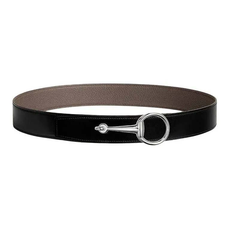 HERMES Calfskin Leather Belts Men's Black/Tin Gray Width: 3.8CM-1
