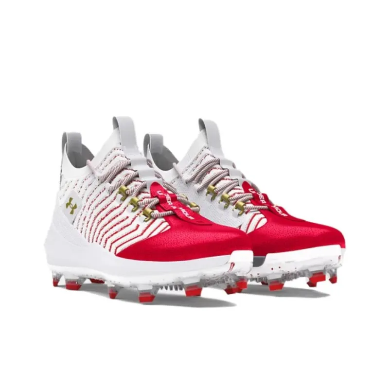 Under Armour Anti Slip Wear Resistant Mid Top Baseball Shoes Men's White Red-2