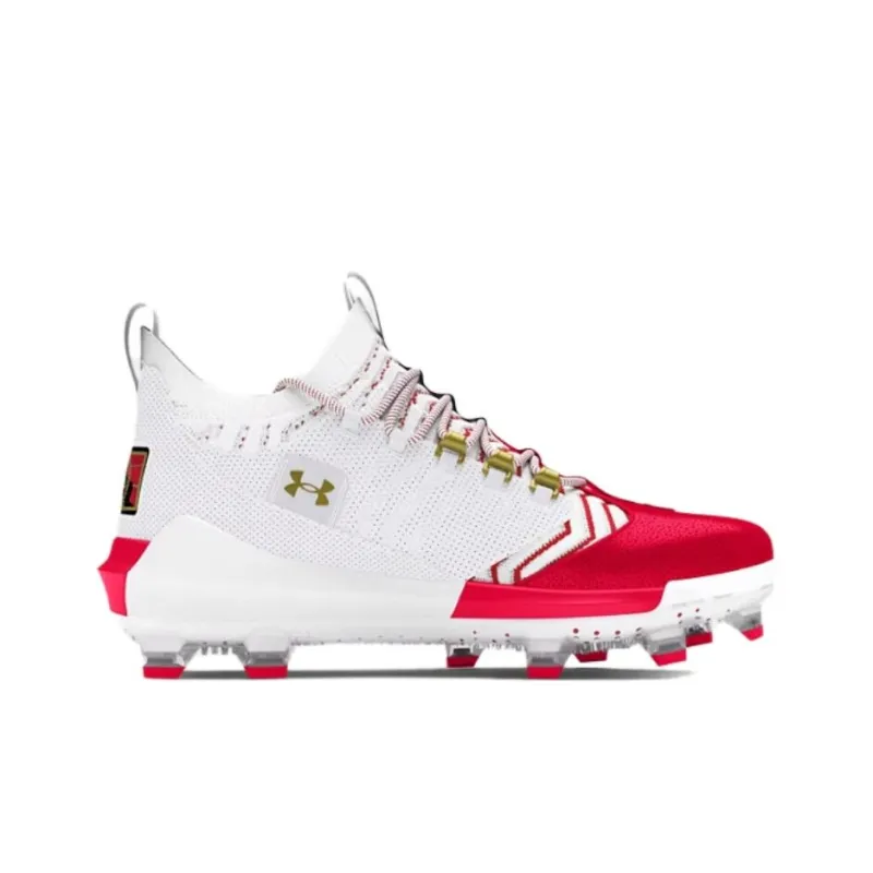Under Armour Anti Slip Wear Resistant Mid Top Baseball Shoes Men's White Red-1