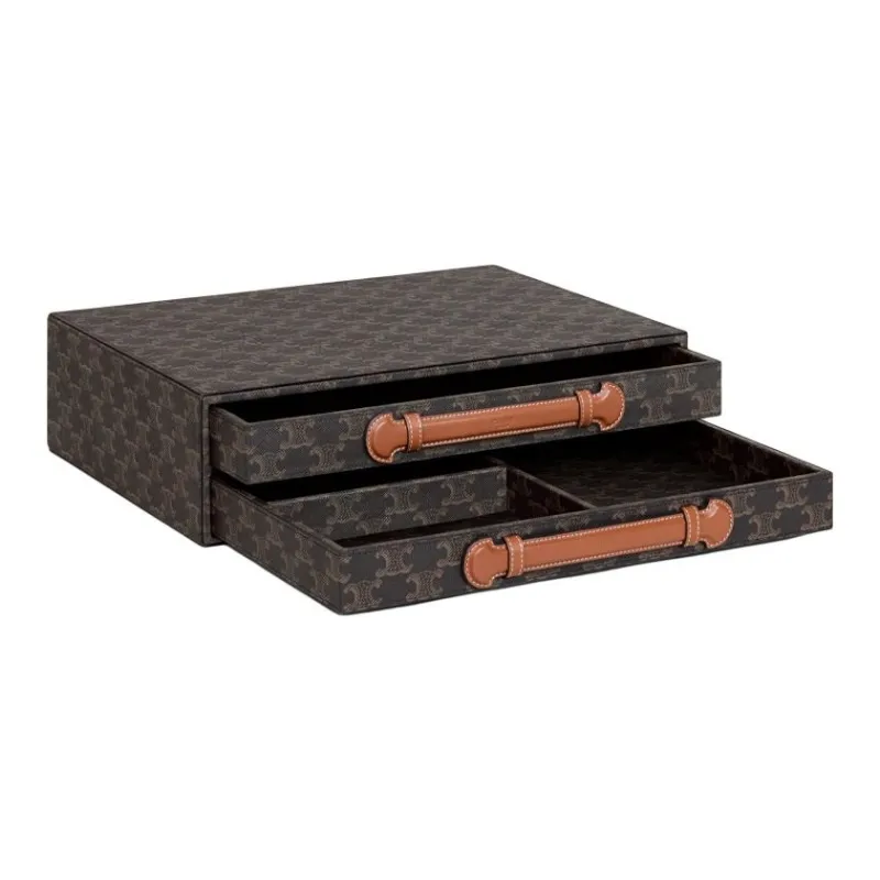 CELINE Triomphe Canvas With Leather Trim Pencil Case, Jewelry Box, Storage Box, Storage Bag Women's Tan-3