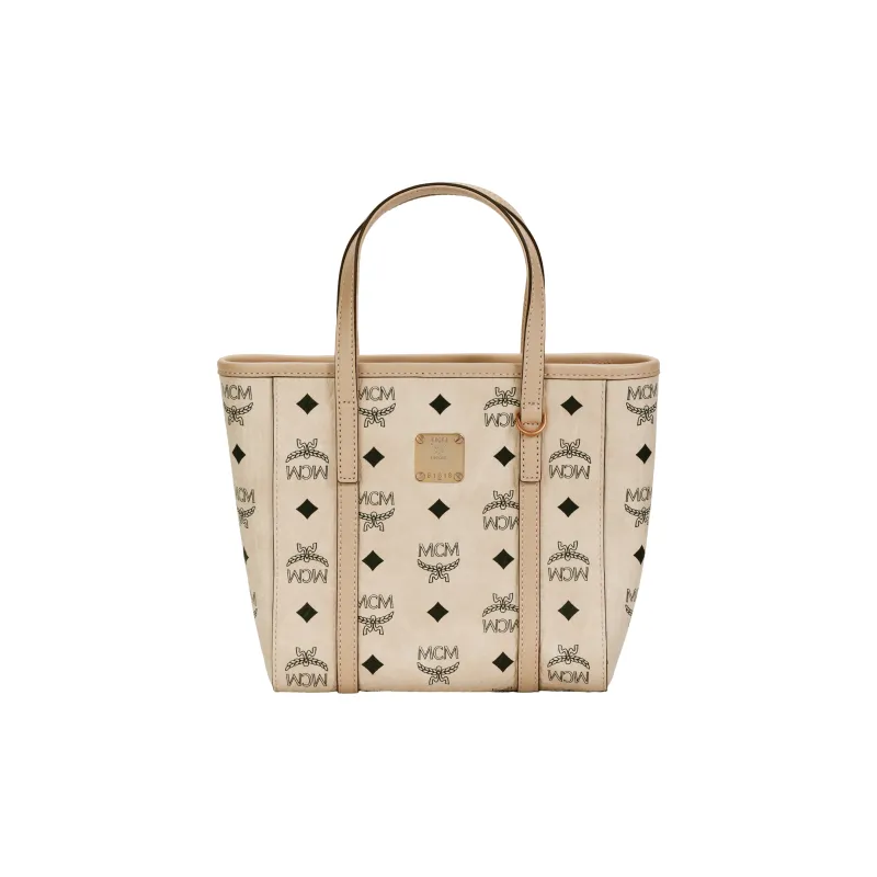 MCM Coated Canvas With Nappa Leather Trim Tote Bag, Crossbody Bag, Shopping Bag, Handbag Mini Unisex Beige-0