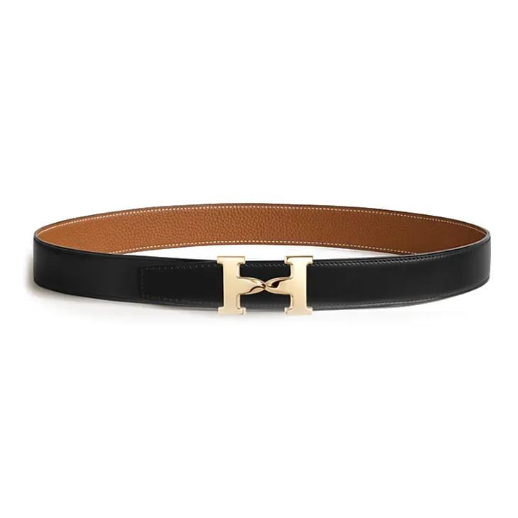 HERMES Calfskin Leather Belts Women's Black/Brown Width  3.2cm-0