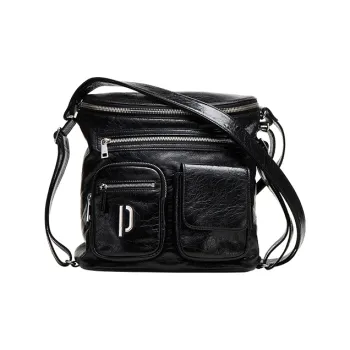 PECO Oil Wax Cow Leather Messenger Bag, Shoulder Bag, Crossbody Bag Unisex Black