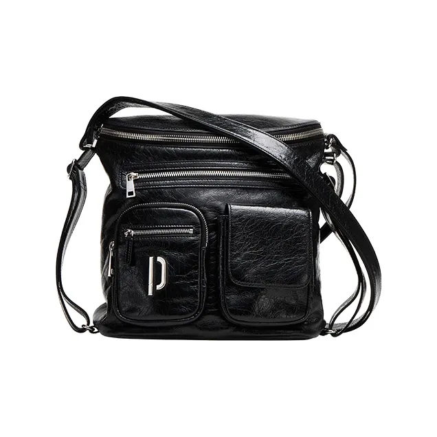 PECO Oil Wax Cow Leather Messenger Bag, Shoulder Bag, Crossbody Bag Unisex Black-0