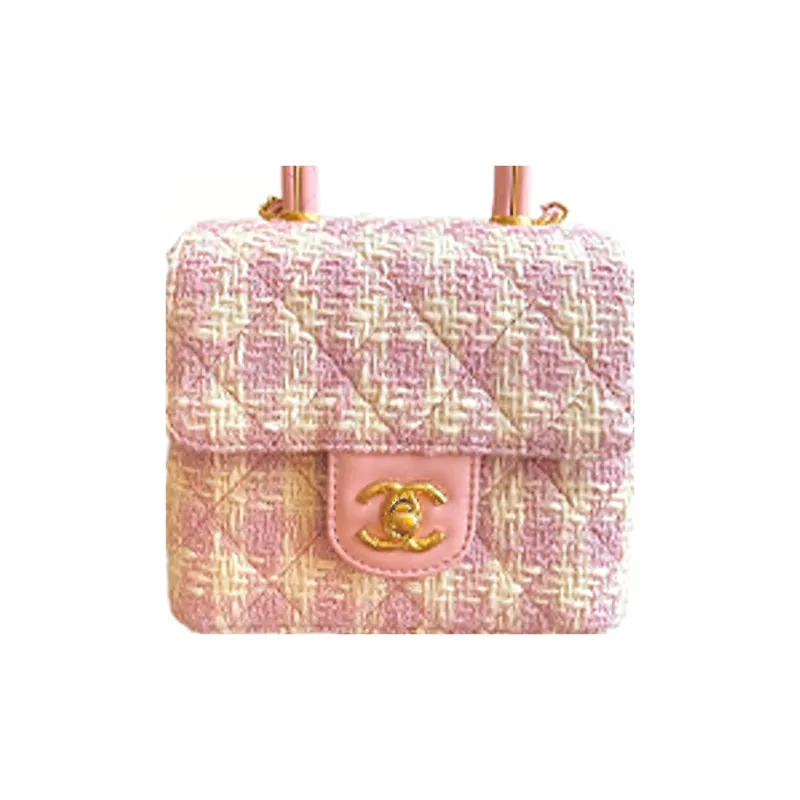 CHANEL Tweed With Lambskin Flap Bag, Shoulder Bag, Crossbody Bag, Handbag Mini Women's Pink-2