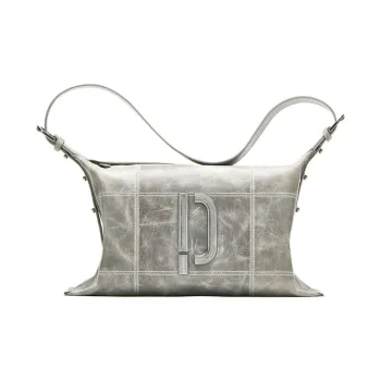 PECO Cow Leather Unique And Non-Colliding Style Shoulder Bag Crossbody Bag Large Size Unisex Silver Gray