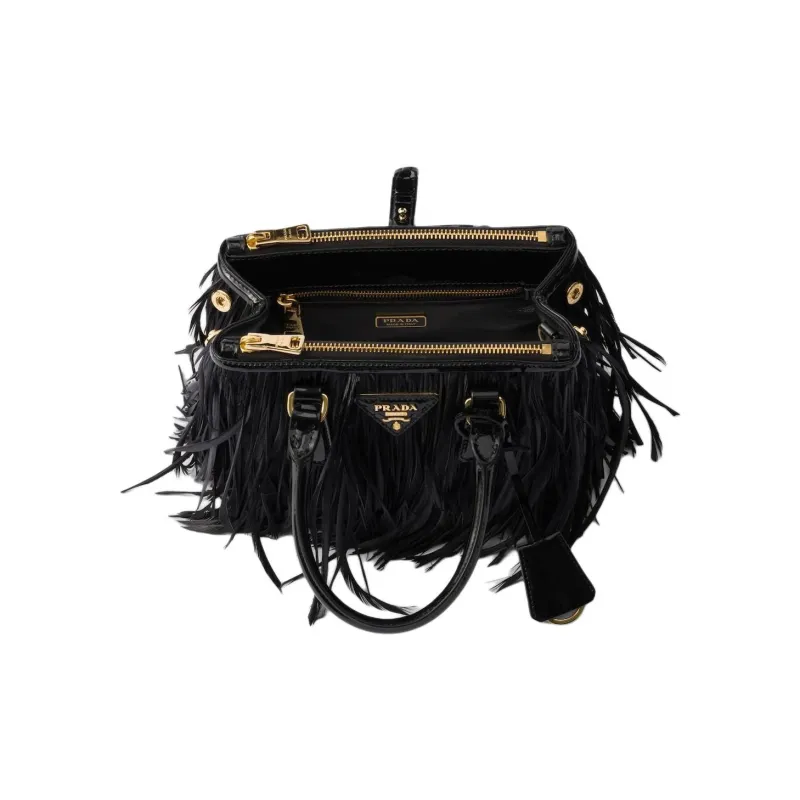 PRADA Galleria Killer Bag Leather With Feather Trim Shoulder Bag Crossbody Bag Handbag Mini Women's Black-4