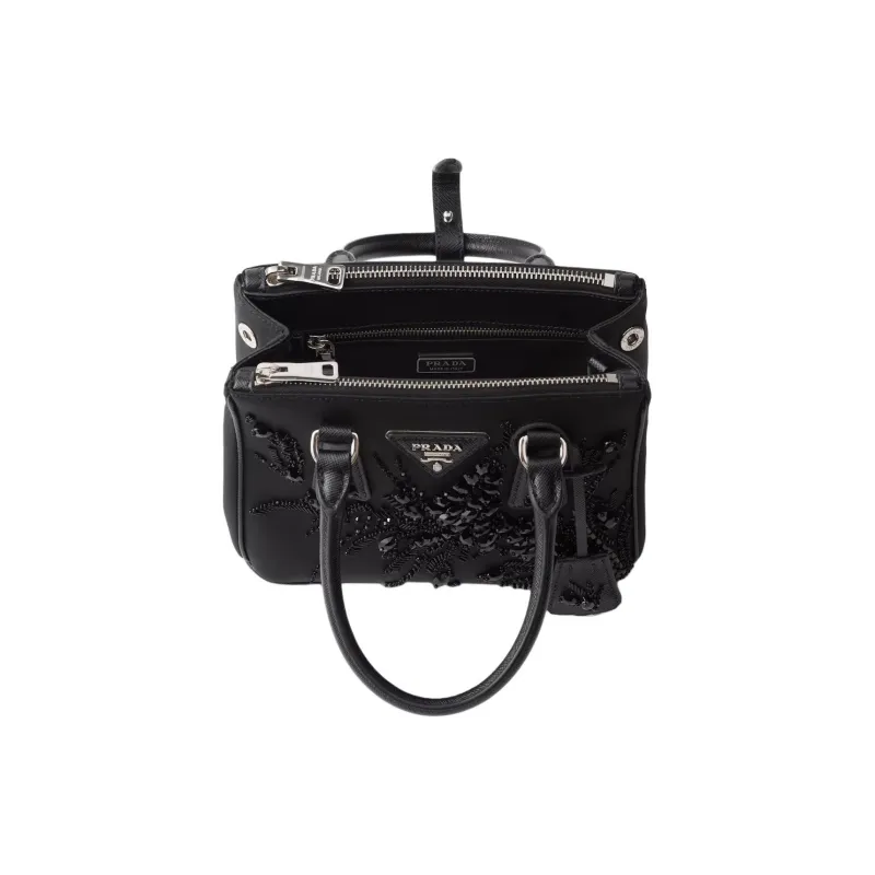 PRADA Embroidered Leather Shoulder Bag Crossbody Bag Handbag Mini Women's Black-3