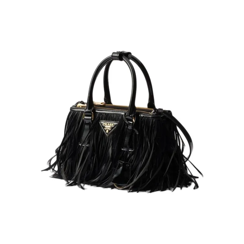 PRADA Galleria Killer Bag Leather With Feather Trim Shoulder Bag Crossbody Bag Handbag Mini Women's Black-1