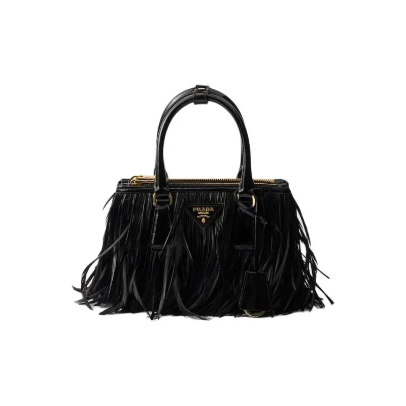 PRADA Galleria Killer Bag Leather With Feather Trim Shoulder Bag Crossbody Bag Handbag Mini Women's Black-0