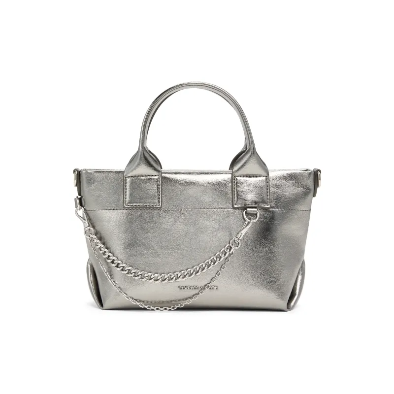 CHARLES&KEITH PU Shoulder Bag Small Size Women's Noir Black/Pewter Grey/Burgundy Wine Red-6