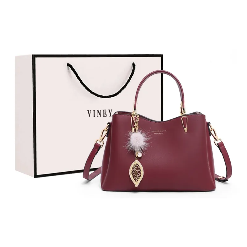 VINEY Cow Leather Mommy Bag Shoulder Bag Crossbody Bag Handbag Large Size Women's Ecru/Burgundy/Black-3