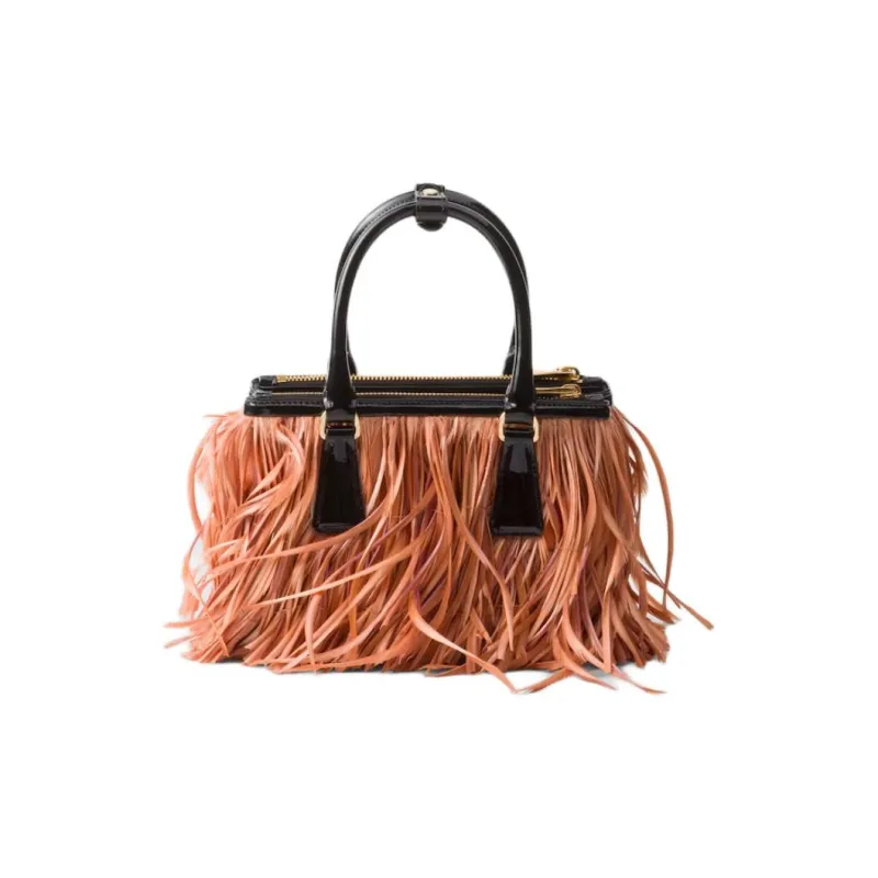 PRADA Leather With Feather Trim Shoulder Bag Crossbody Bag Handbag Mini Women's Apricot & Black-2