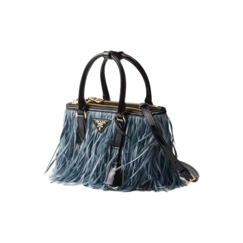 PRADA Leather With Feather Trim Shoulder Bag Crossbody Bag Handbag Mini Women's Cerulean Black-1