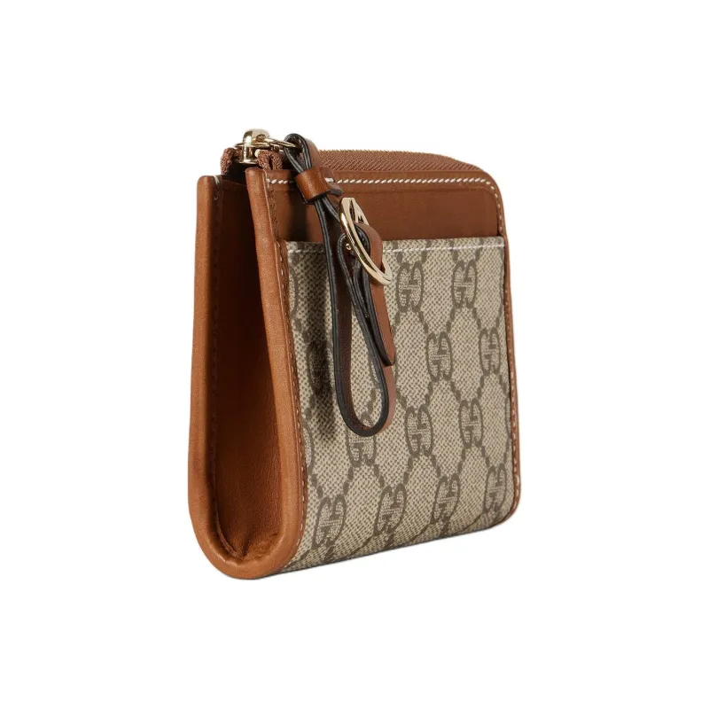 GUCCI Coated Canvas With Leather Trim Card Holder Women's Beige & Brown-1