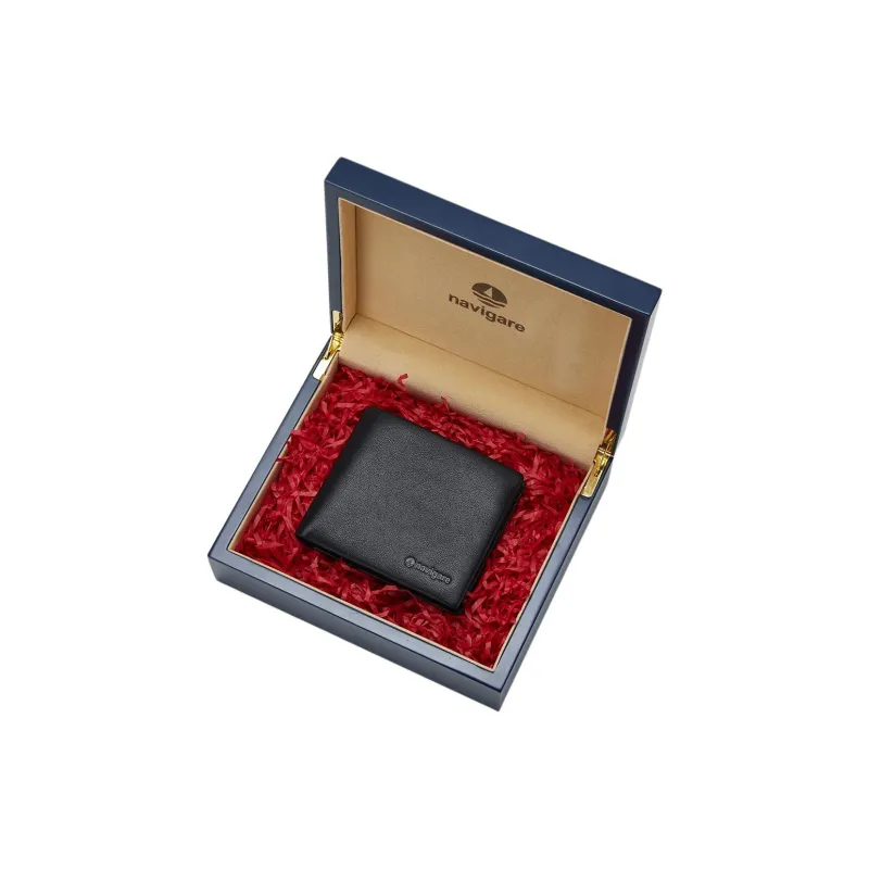 NAVIGARE Top Grain Cow Leather Wallet With Money Clip And Leather Clip Unisex Black-23