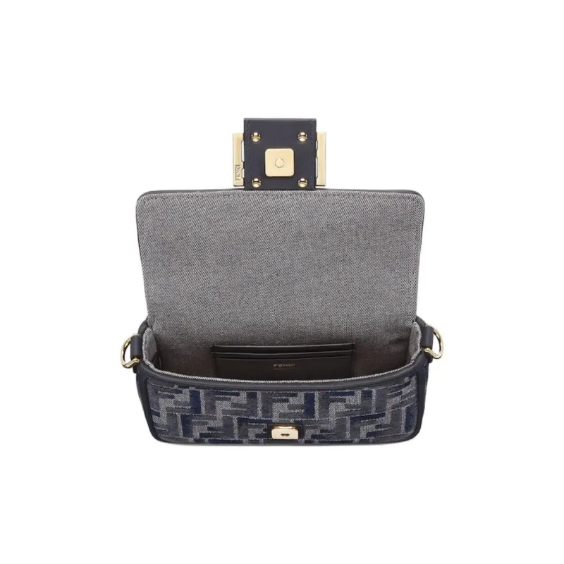 FENDI Baguette Cotton Shoulder Bag Crossbody Bag Handbag Mini Women's Dark Blue-3