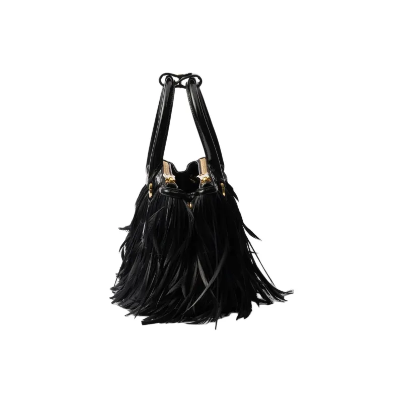 PRADA Galleria Killer Bag Leather With Feather Trim Shoulder Bag Crossbody Bag Handbag Mini Women's Black-2
