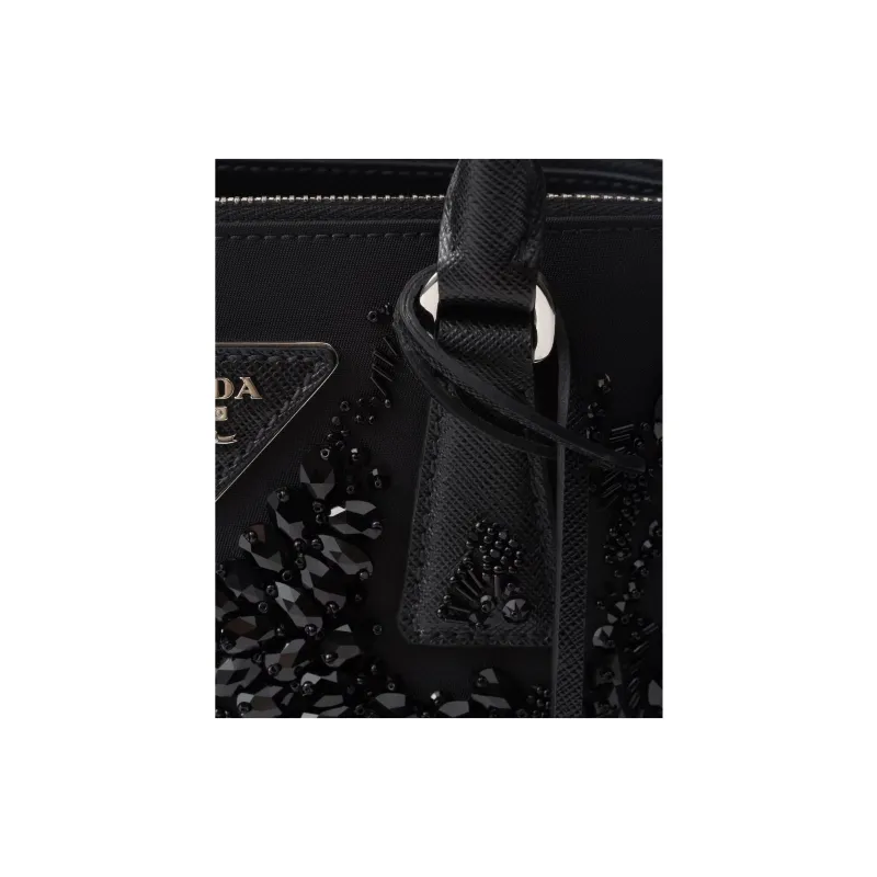 PRADA Embroidered Leather Shoulder Bag Crossbody Bag Handbag Mini Women's Black-4