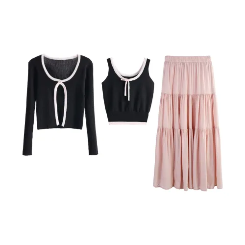 UTHA Two Piece Skirt Sets Women's Black Cardigan+Black Tank Tops+Pink Skirt