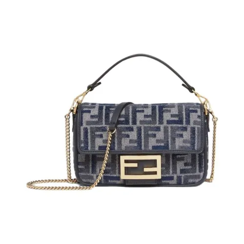 fendi silk Baguette Cotton Shoulder Bag Crossbody Bag Handbag Mini Women's Dark Blue