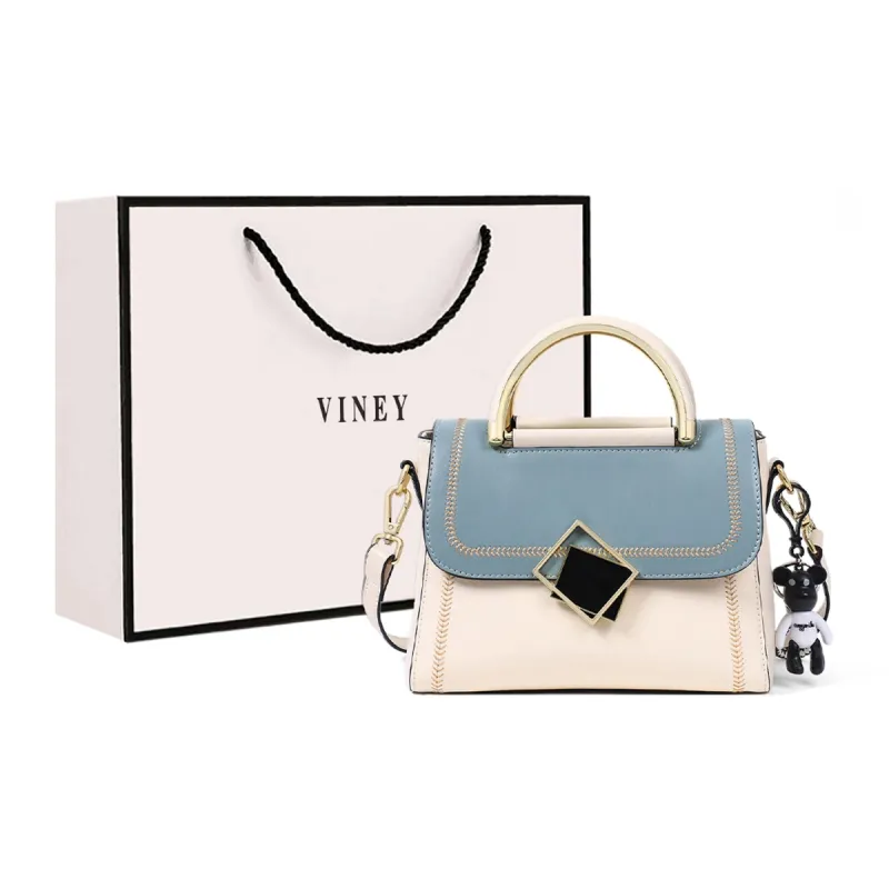 VINEY Cow Leather Handbag, Crossbody, Shoulder Bag, Mom Bag Regular Women's Blue/White-0