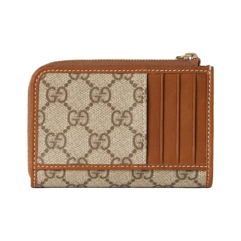 GUCCI Coated Canvas With Leather Trim Card Holder Women's Beige & Brown-2
