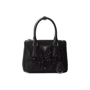 PRADA Embroidered Leather Shoulder Bag Crossbody Bag Handbag Mini Women's Black
