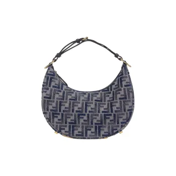 FENDI Fendigraphy Calfskin Crescent Bag, One Shoulder Handbag Small Size Women's Dark Blue