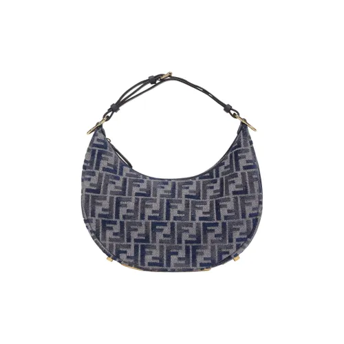 FENDI Fendigraphy Calfskin Crescent Bag, One Shoulder Handbag Small Size Women's Dark Blue