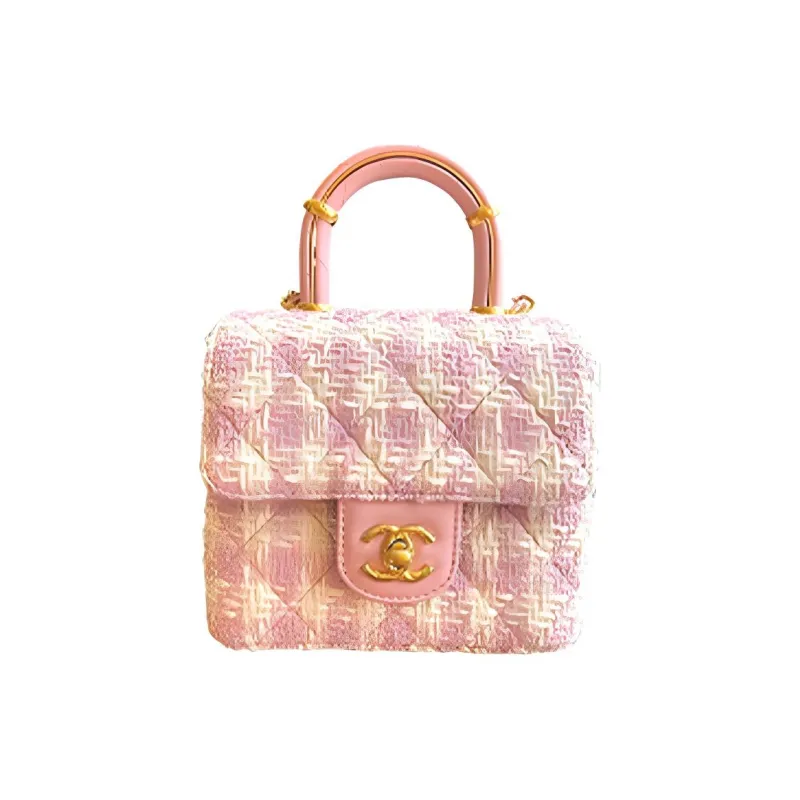 CHANEL Tweed With Lambskin Flap Bag, Shoulder Bag, Crossbody Bag, Handbag Mini Women's Pink-0