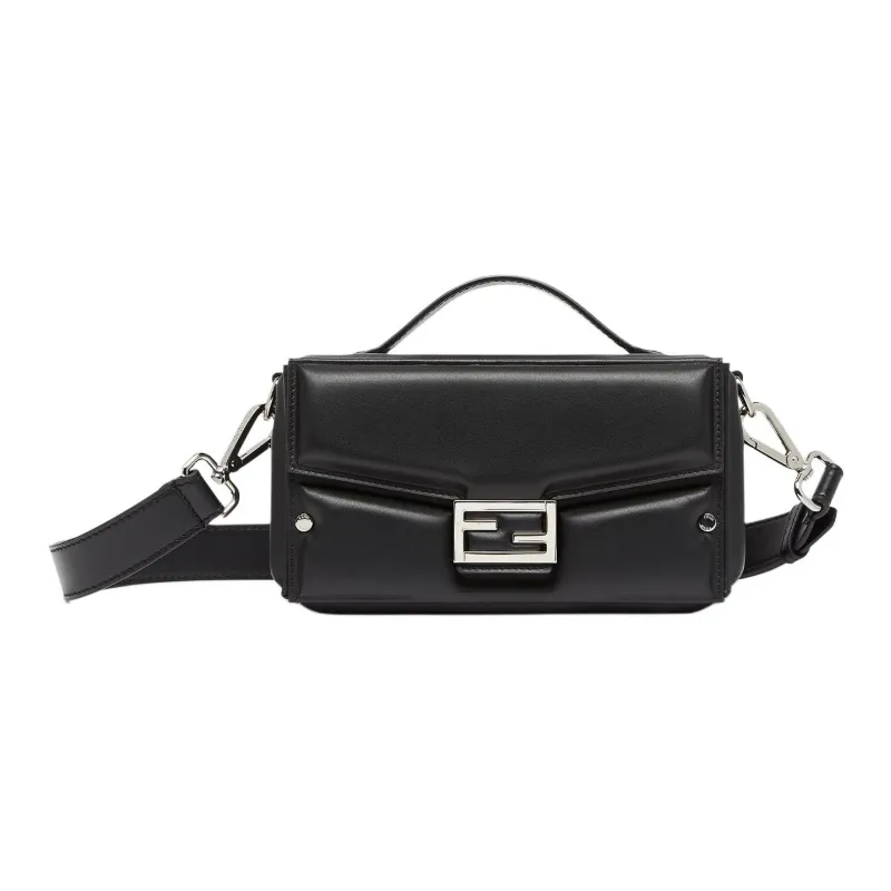 FENDI Baguette Calfskin Shoulder Bag Crossbody Bag Handbag Men's Black-0