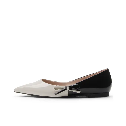 CHARLES&KEITH Small CK Bowknot New Chinese Style Casual Single Shoes 1cm Women's BLACK TEXTURED/Chalk White