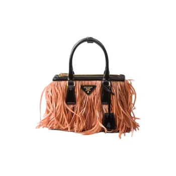 PRADA Leather With Feather Trim Shoulder Bag Crossbody Bag Handbag Mini Women's Apricot & Black