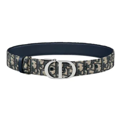 DIOR Palladium Plated Leather Belts Women's Blue Width 3.5CM