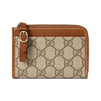 GUCCI Coated Canvas With Leather Trim Card Holder Women's Beige & Brown