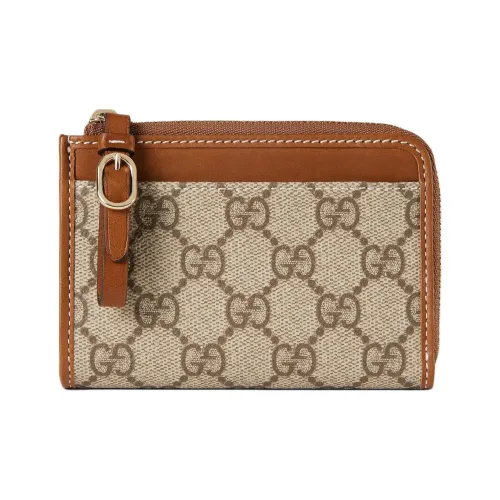 GUCCI Coated Canvas With Leather Trim Card Holder Women's Beige & Brown
