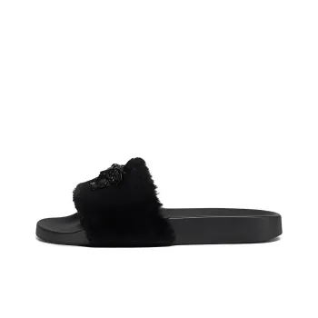 VERSACE La Medusa Faux Fur Slides Black Women's