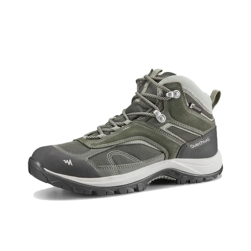 DECATHLON Slip-Resistant Water-Resistant Mid-Top Trekking Shoes Women's Khaki Green-1