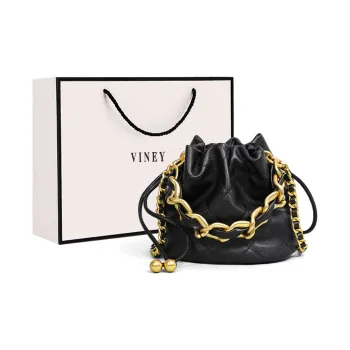 VINEY Cow Leather One Shoulder Crossbody Bucket Bag Portable Chain Bag Small Size Women's Black