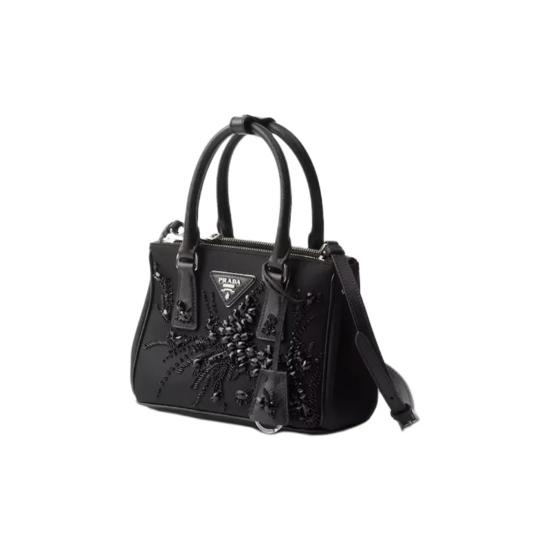 PRADA Embroidered Leather Shoulder Bag Crossbody Bag Handbag Mini Women's Black-1