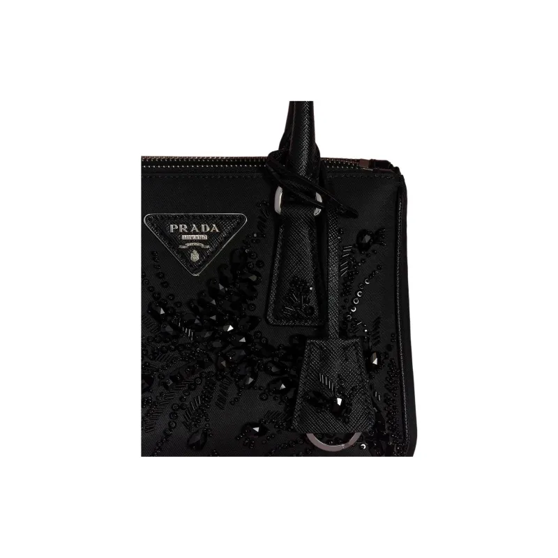 PRADA Embroidered Leather Shoulder Bag Crossbody Bag Handbag Mini Women's Black-6