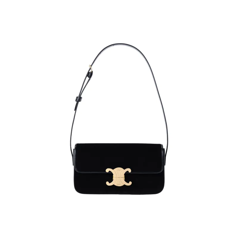 CELINE Triomphe Arc De Triomphe Velour, Cow Leather Handbag, Shoulder Bag, Crossbody Bag Women's Black-1
